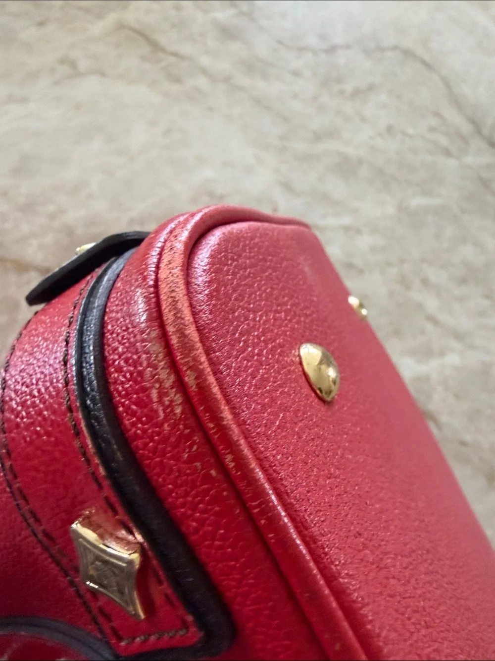 MCM Red Dome Satchel with Gold Hardware